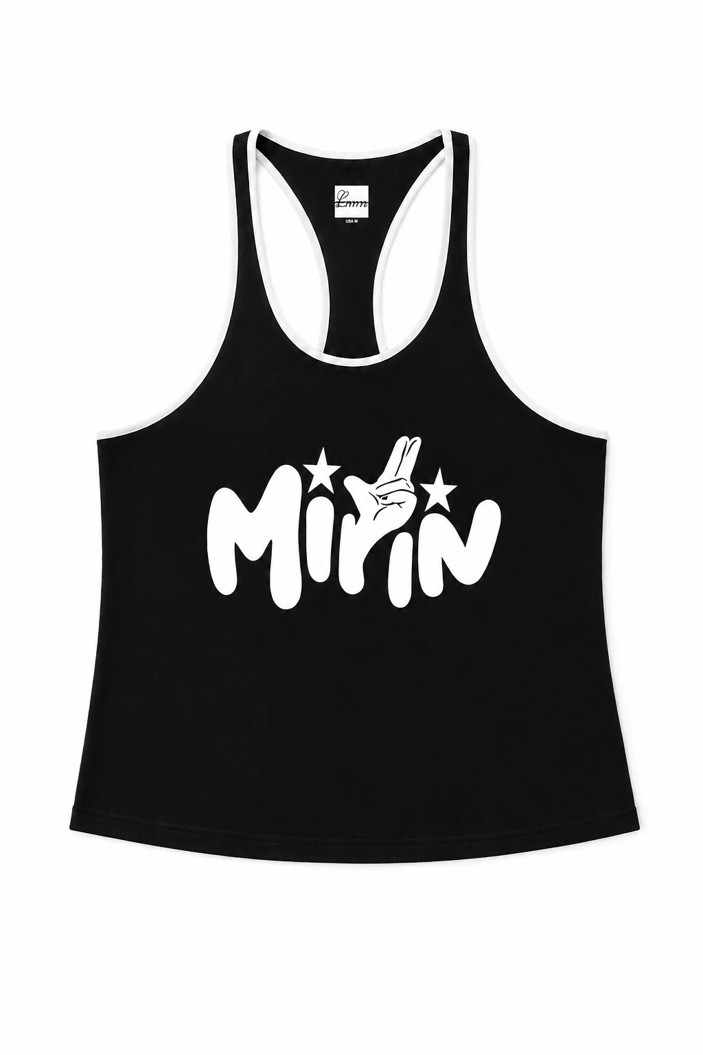Black Lumigym MIRIN stringer tank top with sleeveless design, lightweight athletic apparel for gym workouts.