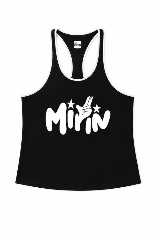 Black Lumigym MIRIN stringer tank top with sleeveless design, lightweight athletic apparel for gym workouts.